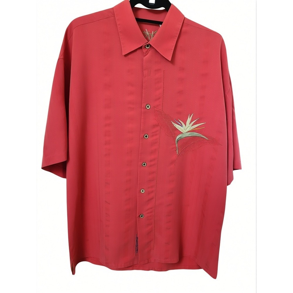 Bamboo Cay Men's Size XL Crescent Bird of Paradise Red Embroidered Camp Shirt